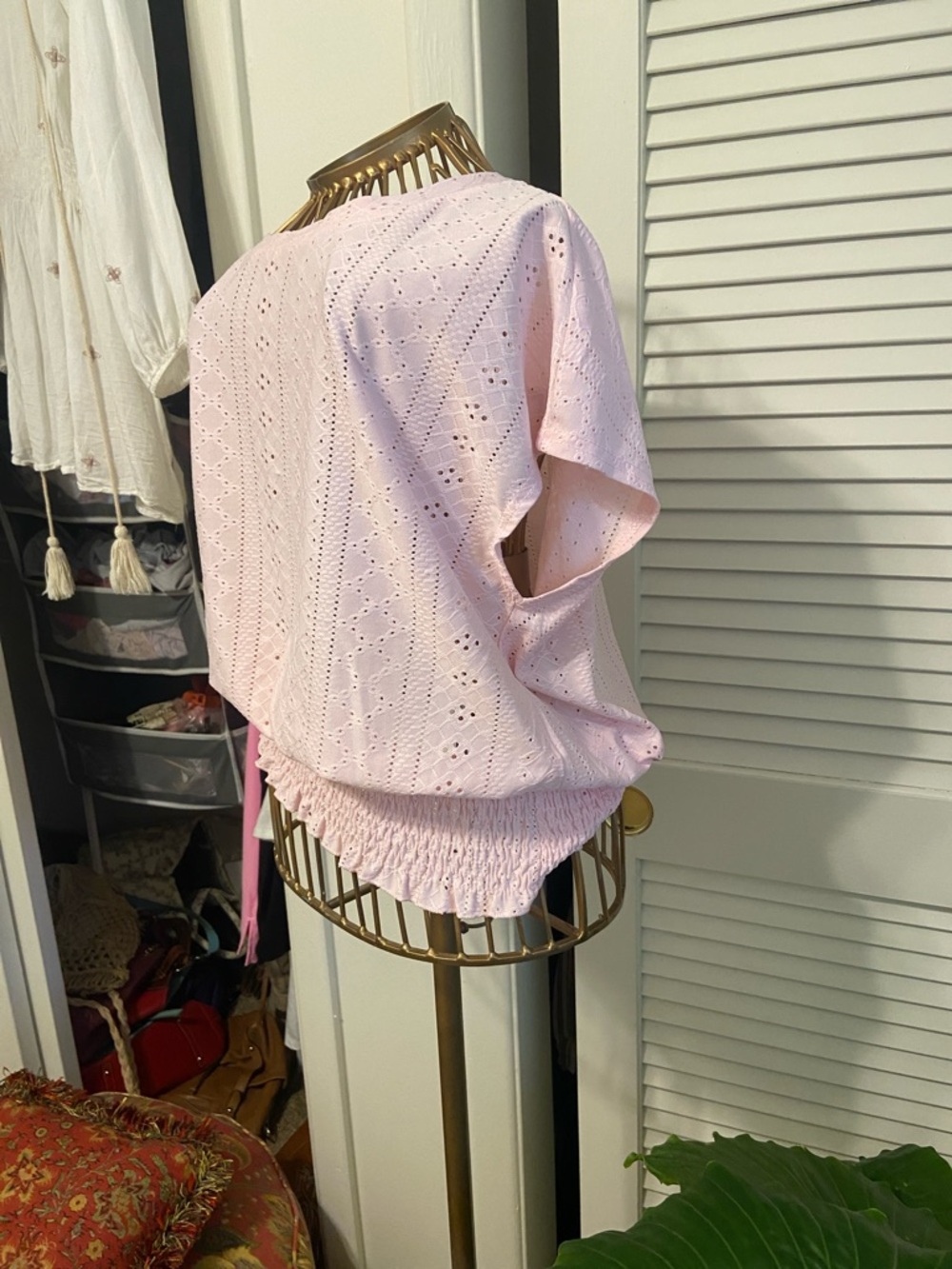 SHEIN Pink Eyelet Smocked Hem Blouse - Picture 3 of 3